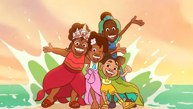 Four animated children smile and pose joyfully on a sunny beach with ocean waves splashing behind them.