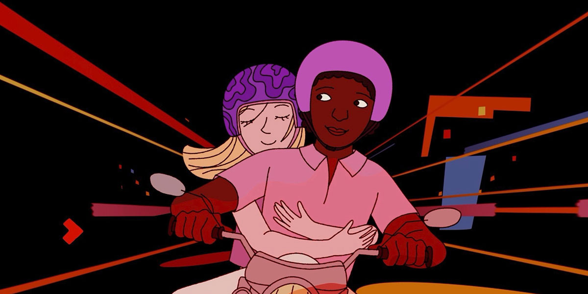 A cartoon of a brown man in a pink helmet driving a scooter with a white girl in a purple helmut hugging him from behind