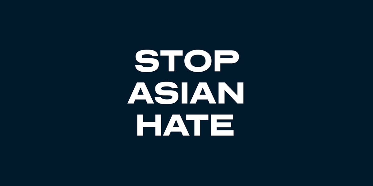 Navy blue graphic with the text Stop Asian Hate