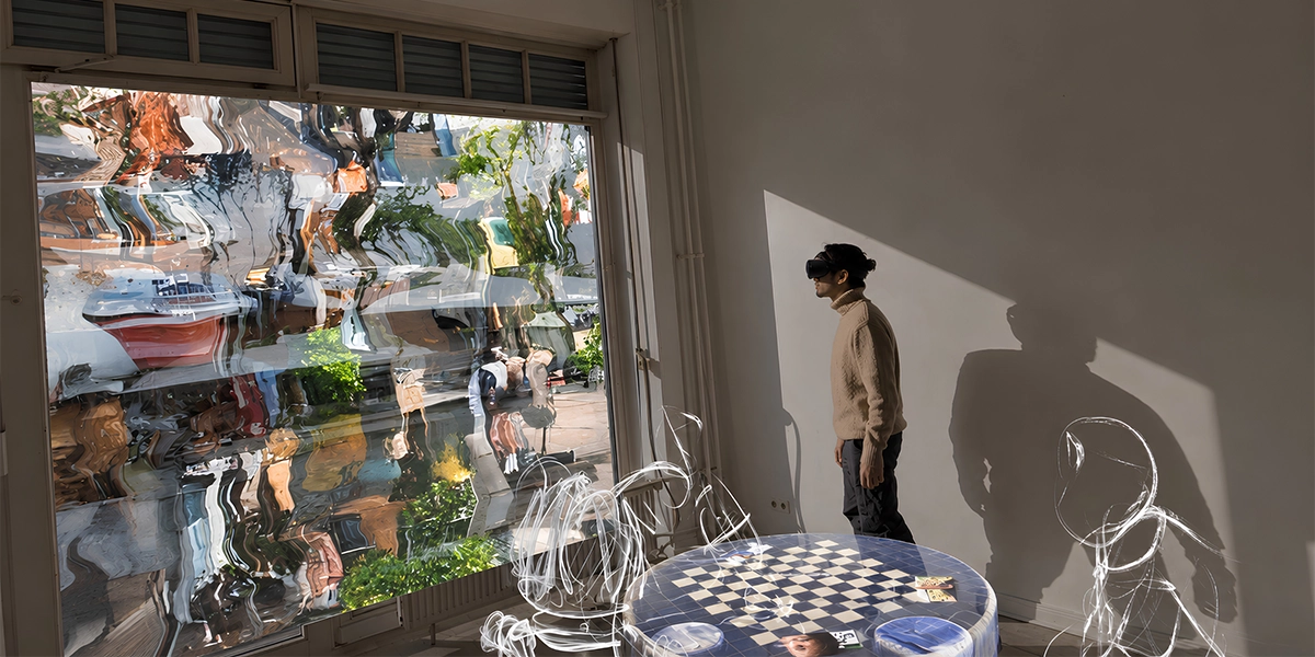 A person wearing a VR headset inside a room during a mixed reality installation with virtual overlay objects and a distorted window view.