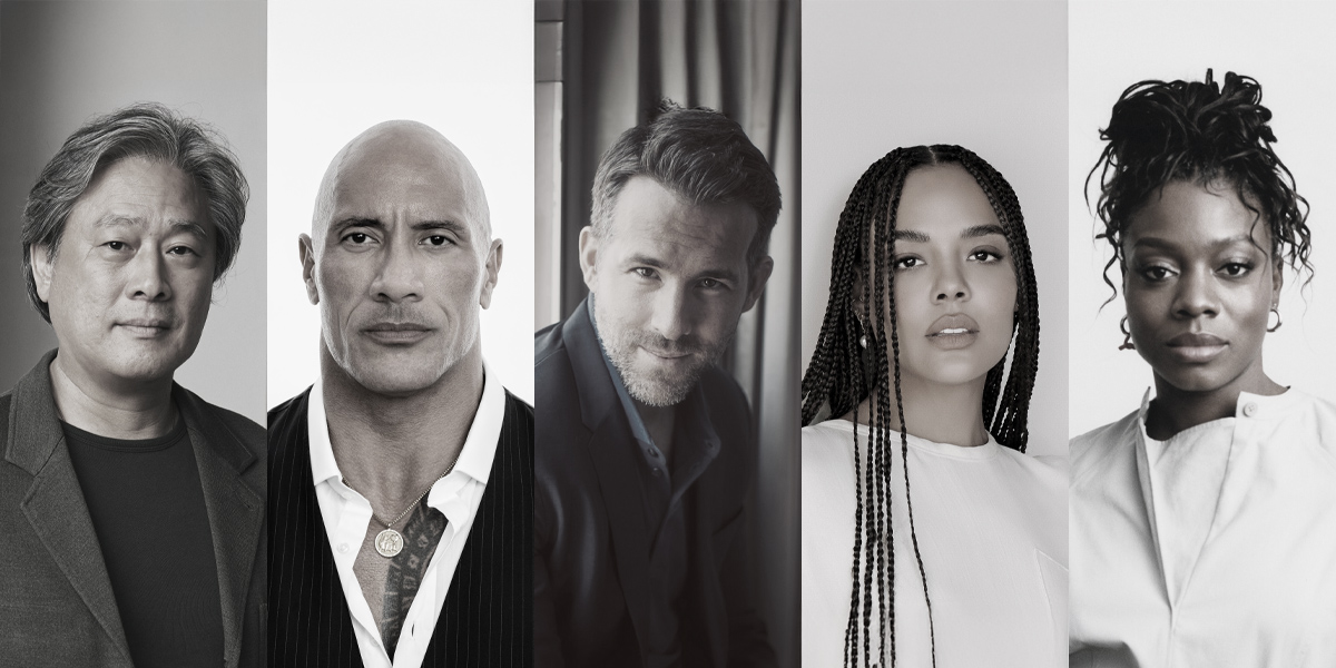 Black and white portrait series of five diverse actors in professional headshots arranged side by side