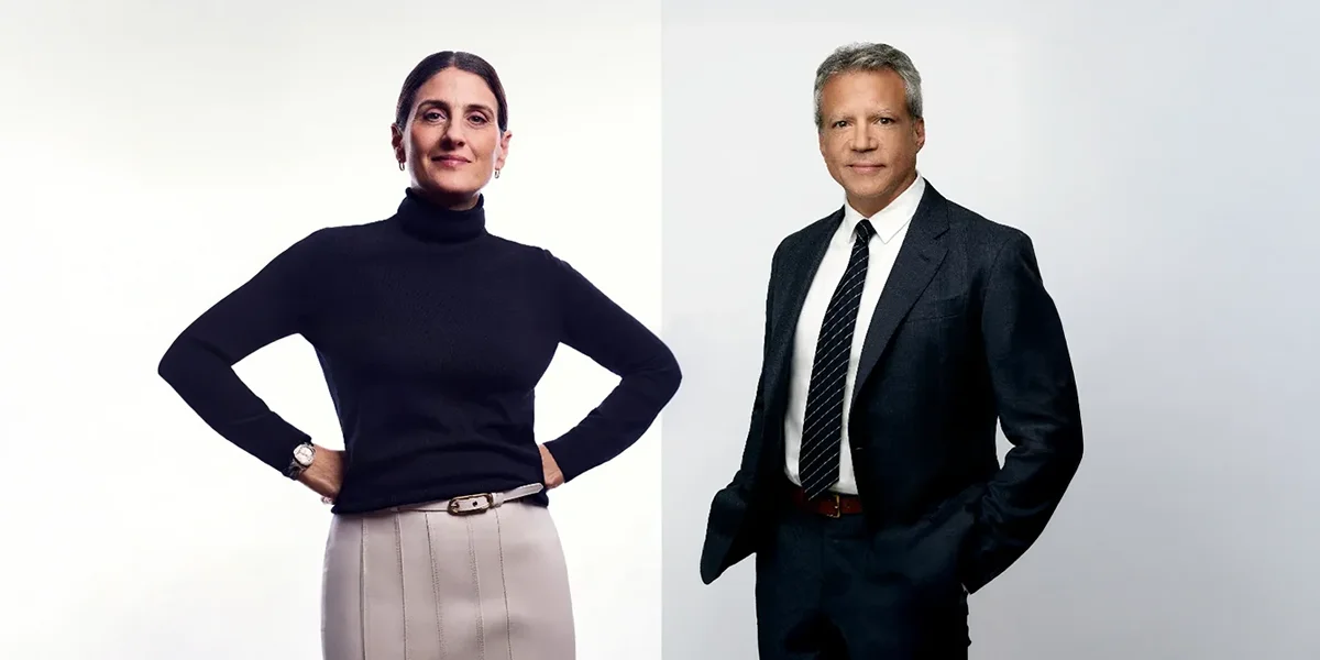Two professionals posing separately: a woman in a black turtleneck and a man in a dark suit with tie.