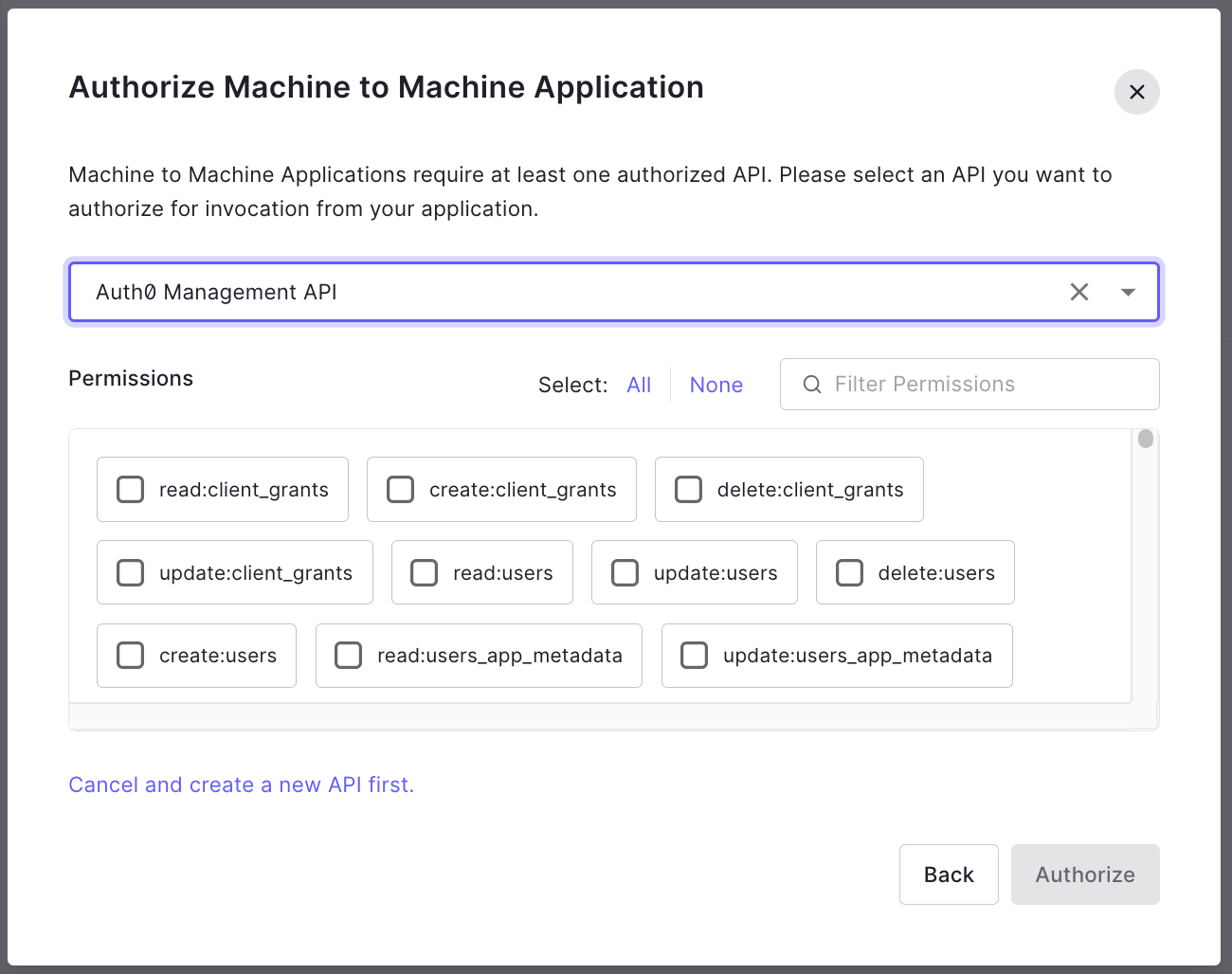 Auth0 authorize machine to machine application dialog