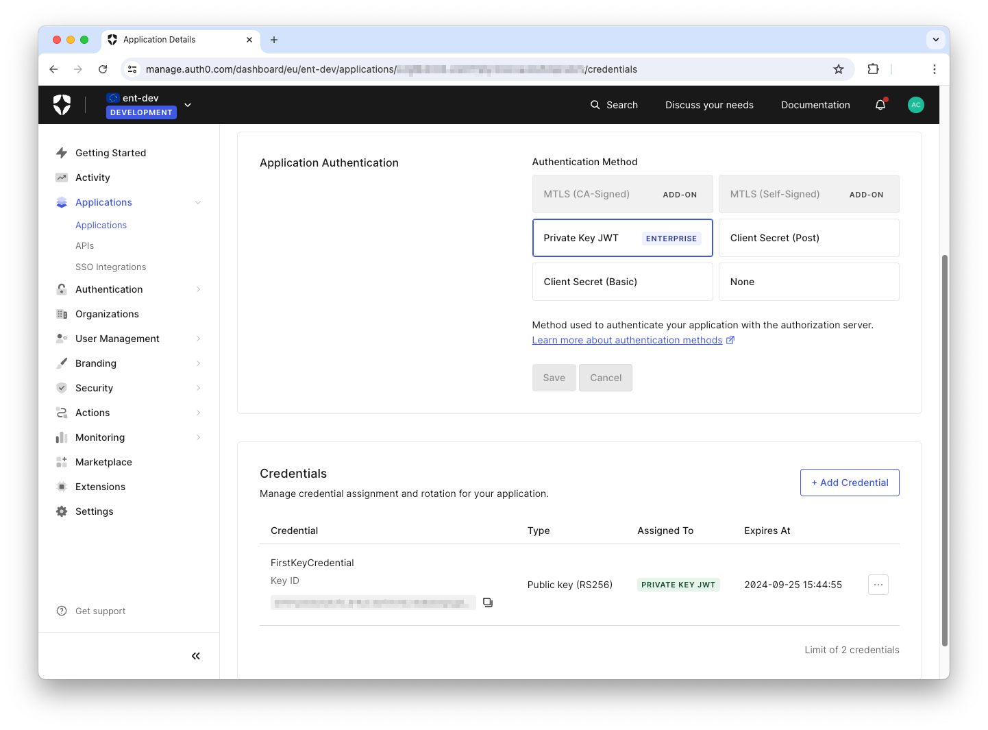 Auth0 Private Key JWT authentication credential list