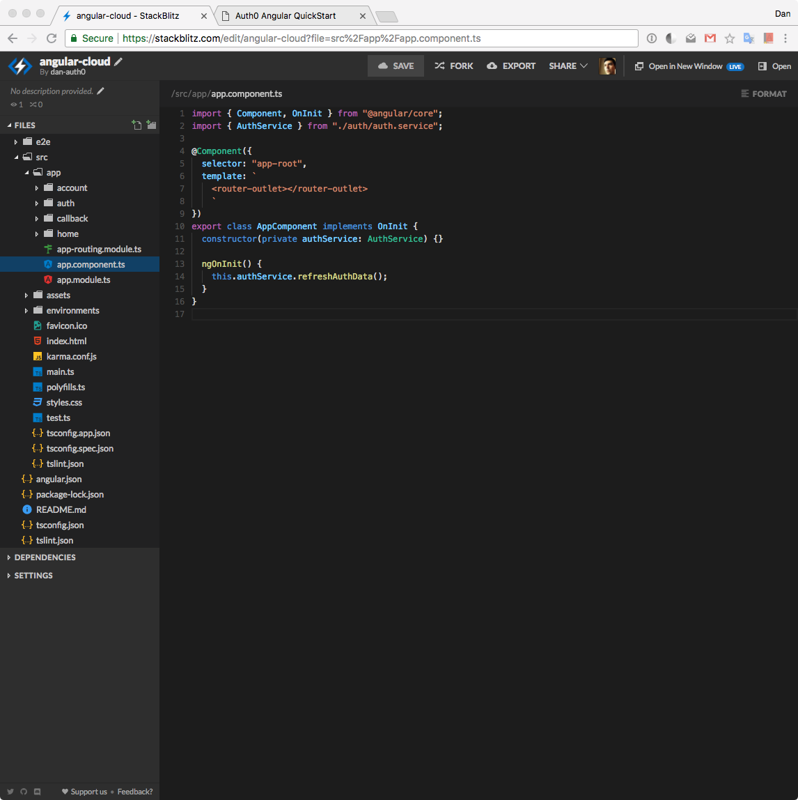 StackBlitz online code text editor view