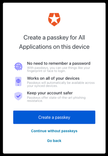 Create a passkey for All Applications on this device