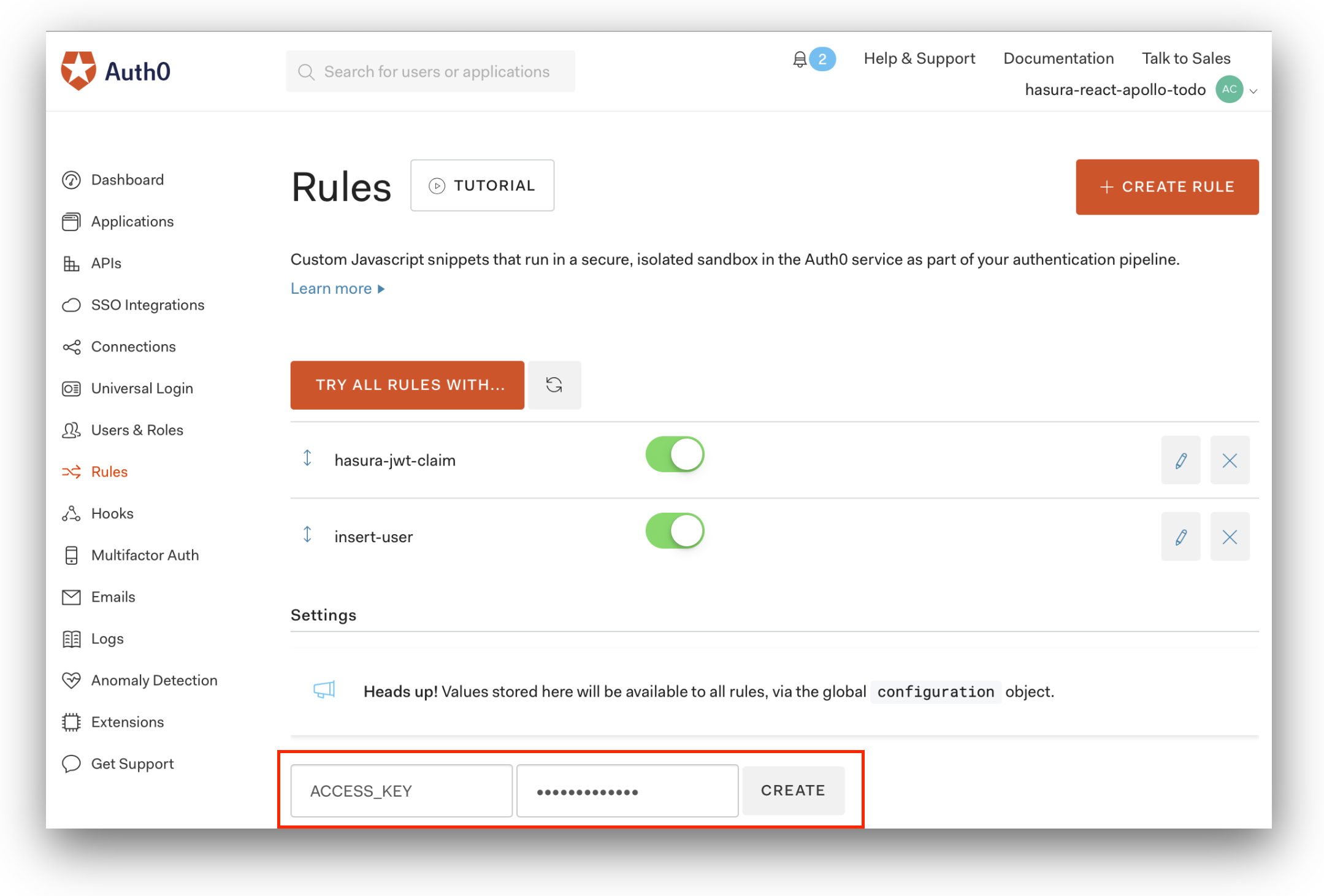 Configuring the Rules Settings in the Auth0 Dashboard
