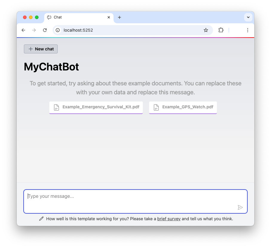 A screenshot of the initial .NET Blazor RAG chatbot interface, showing a chat input field.