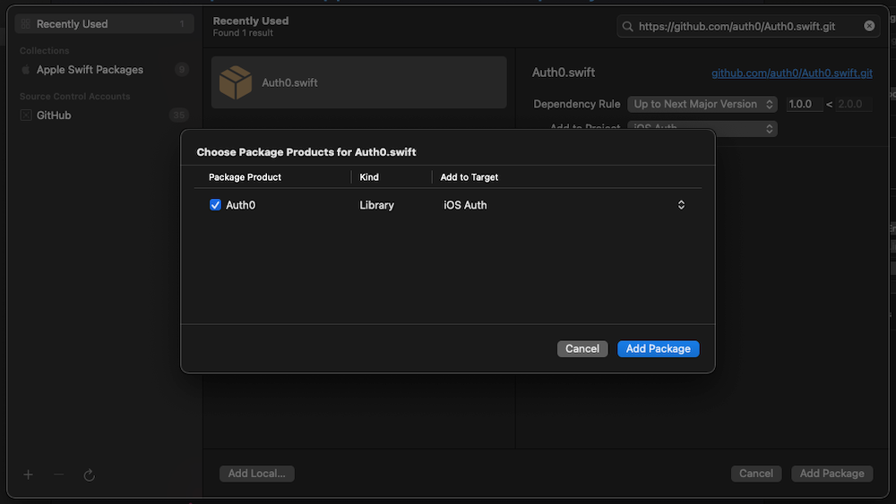 Xcode screenshot: Confirming the installation of the Auth0 package.