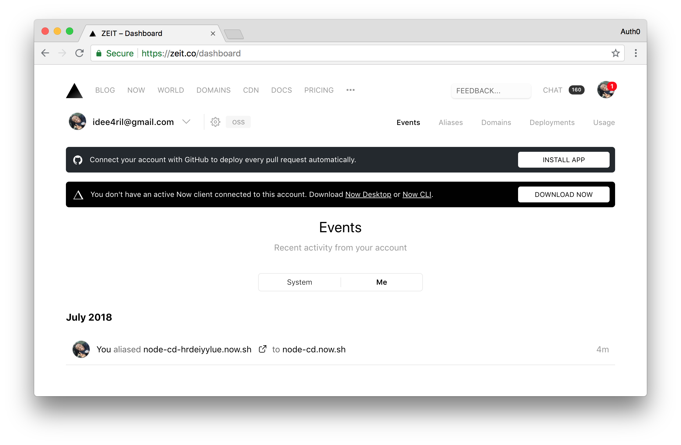 Now.sh dashboard events after the first deployment