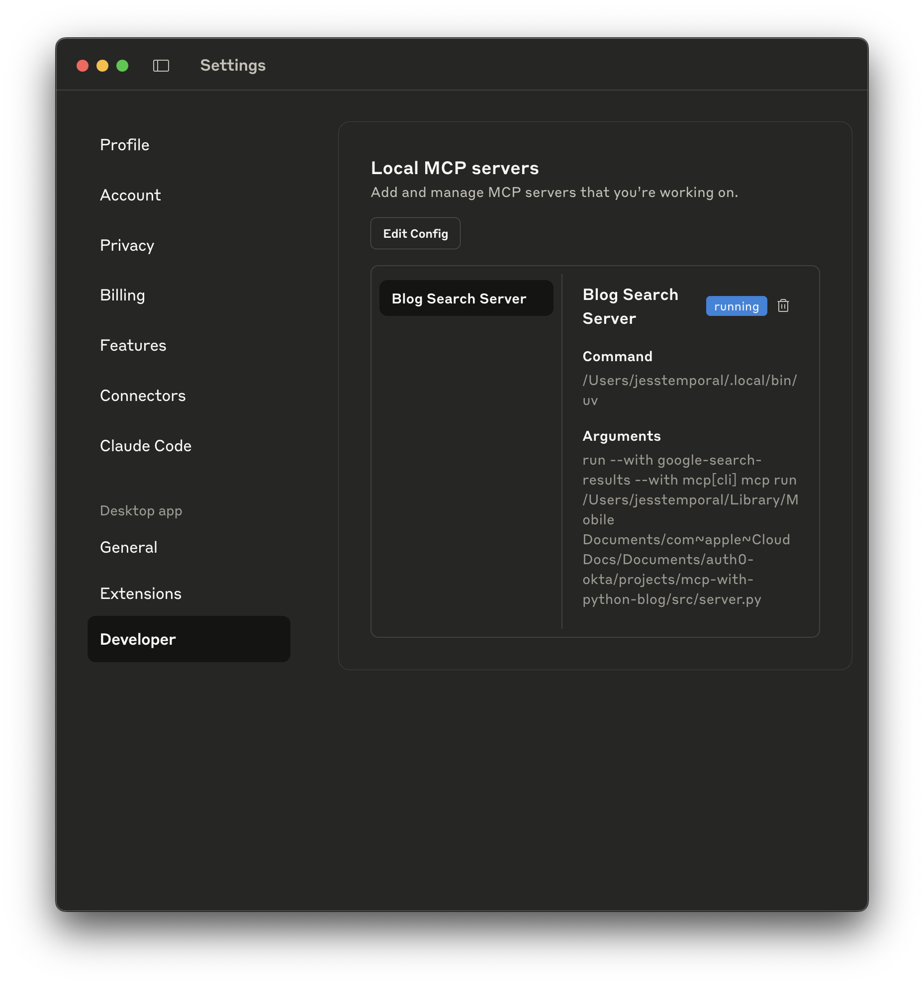 The Developer settings section within the Claude Desktop app, showing the 'Blog Search Server' is successfully configured and has a 'running' status.