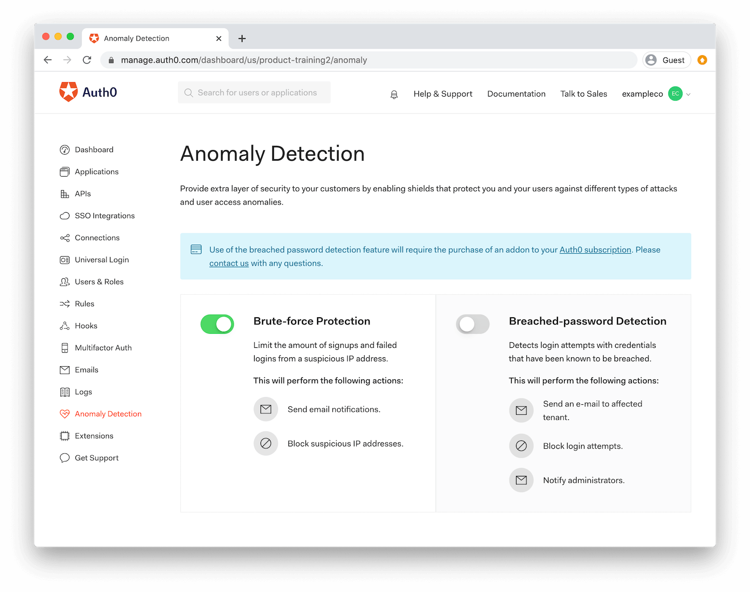 Auth0's Anomaly Detection dashboard