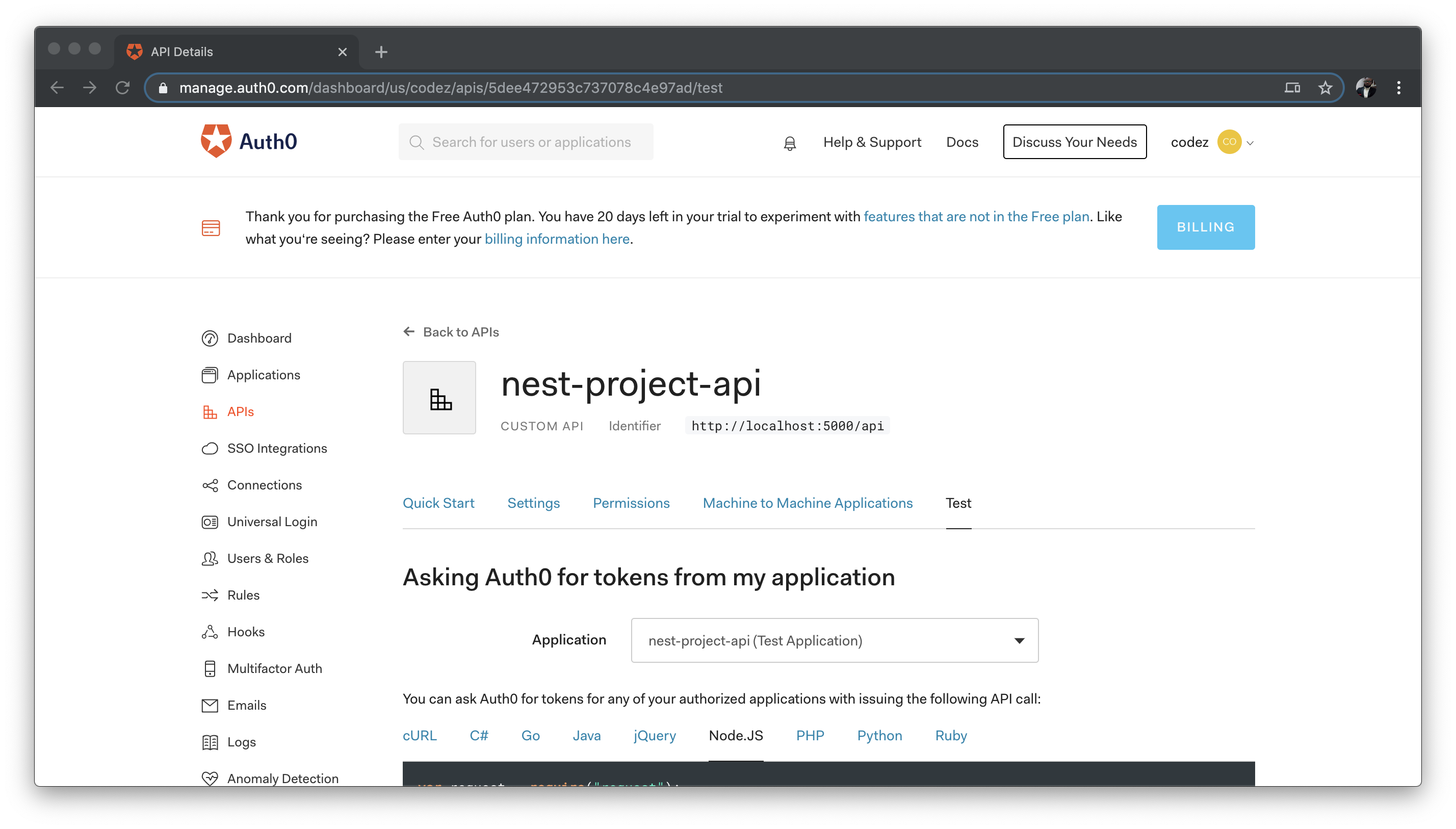 Nest API View on Auth0