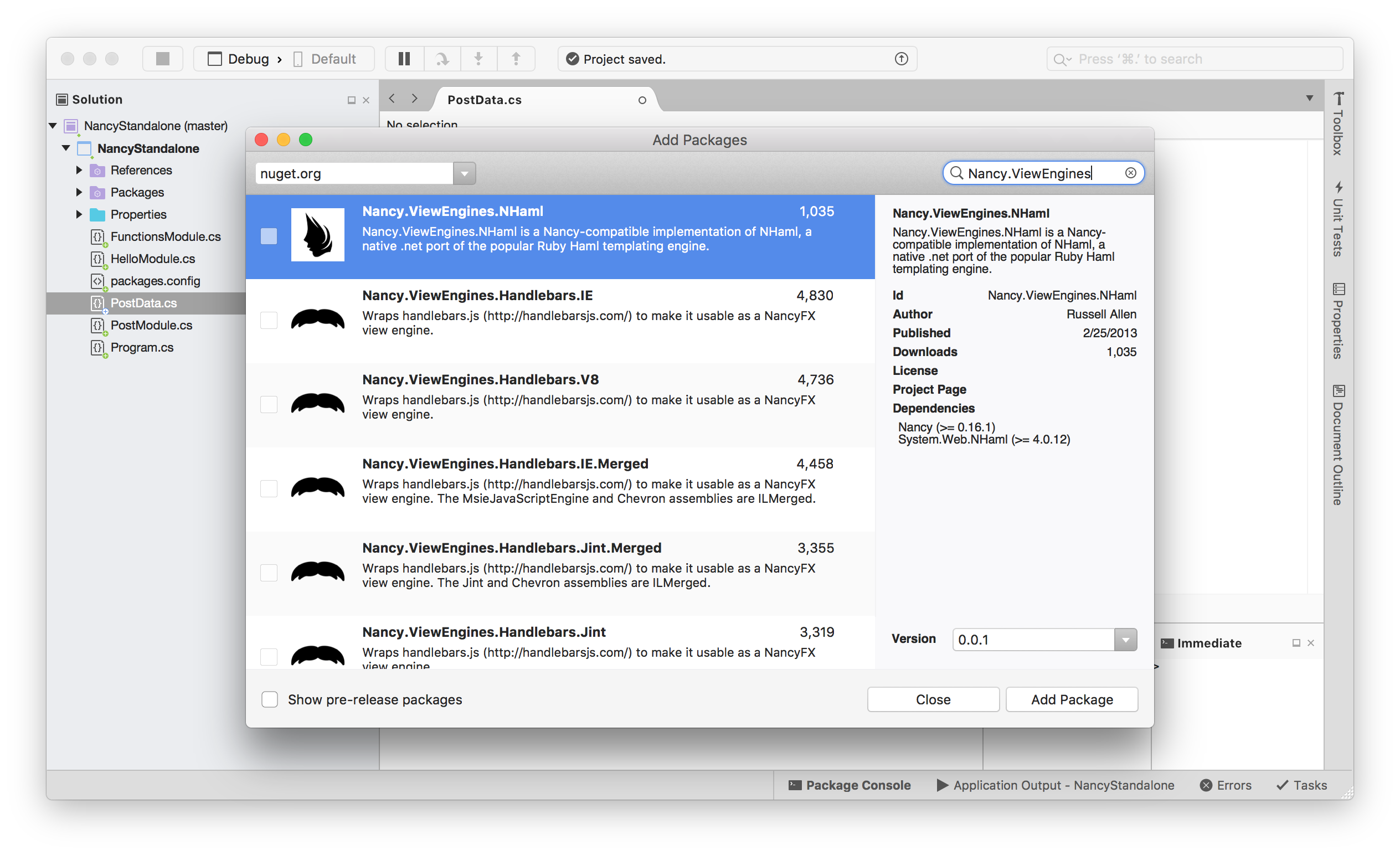 NuGet Manager showing Nancy's view engine plugins.