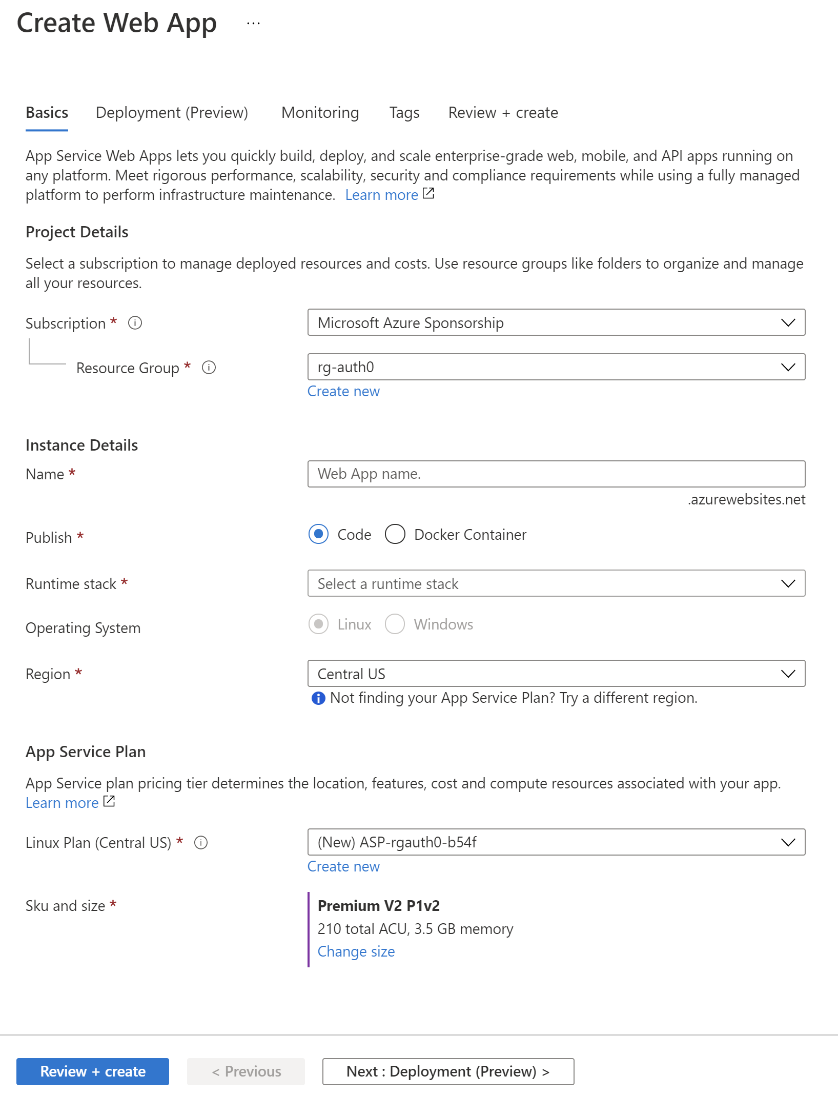 Azure Web App configuration