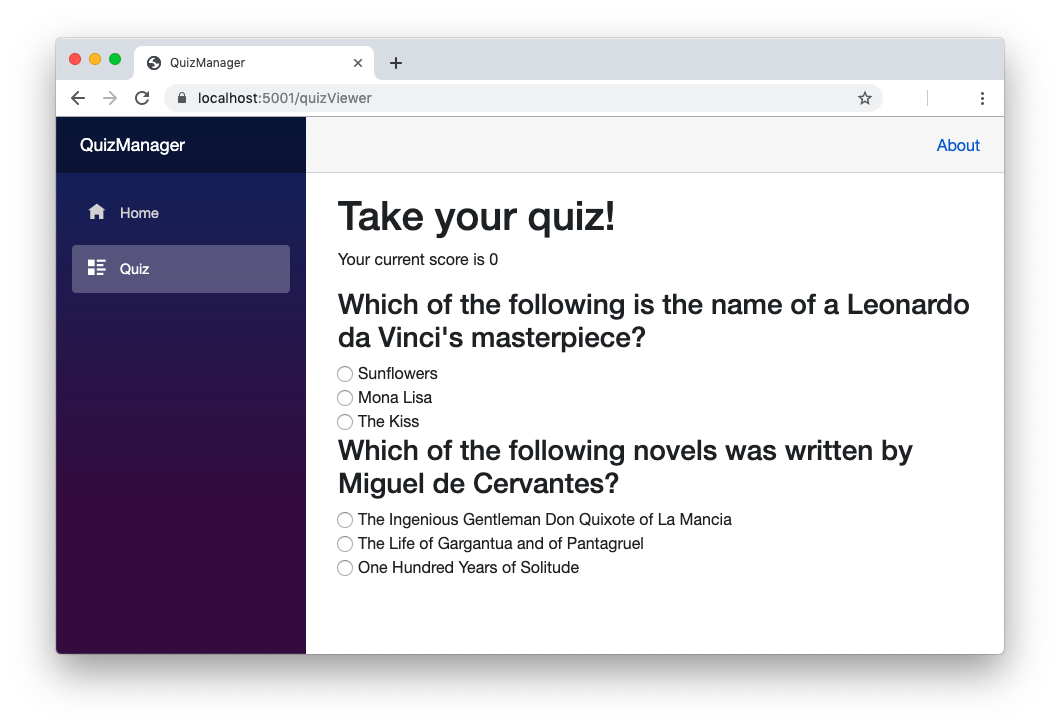 Quiz view in the Blazor application