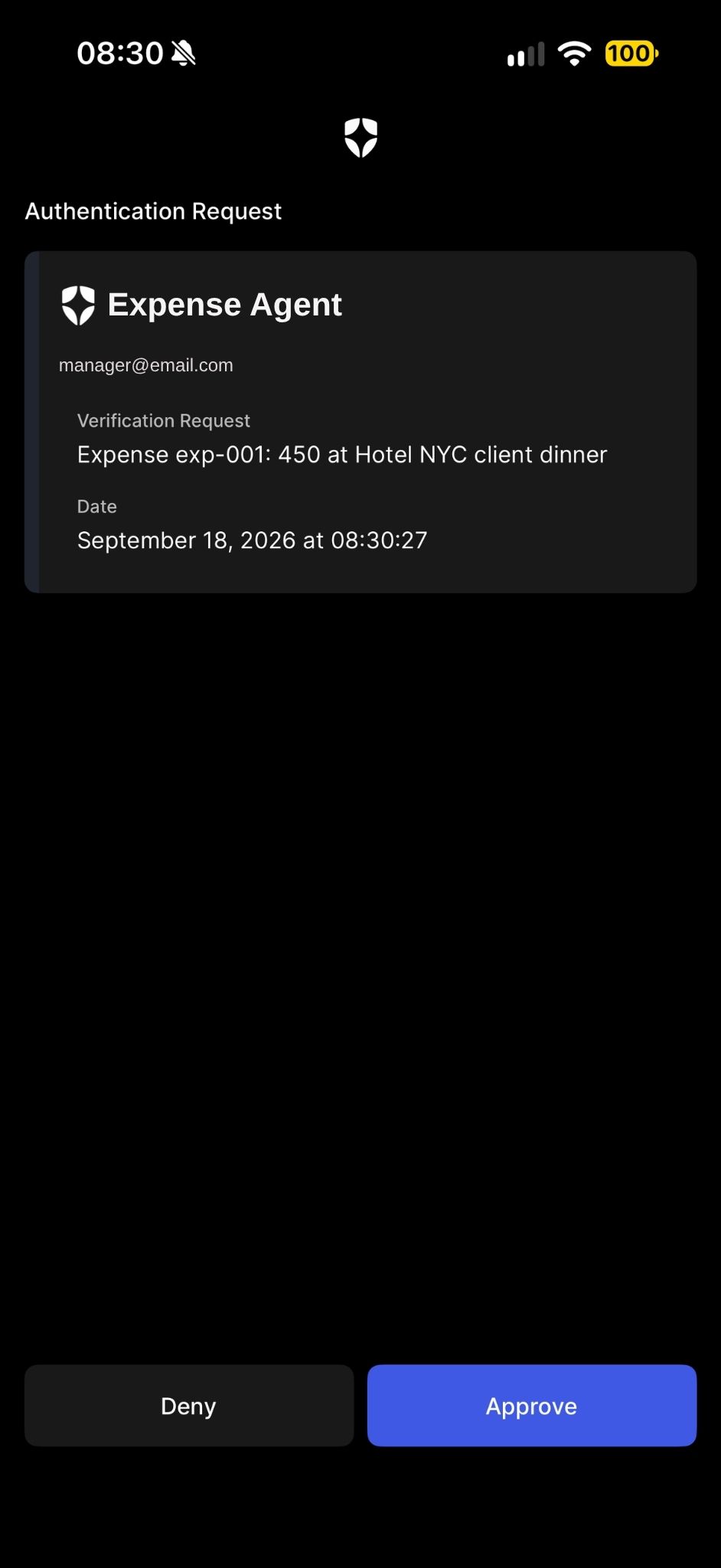 Expense Agent wants you to authenticate. Expense exp-001: $450 at Hotel for NYC client dinner