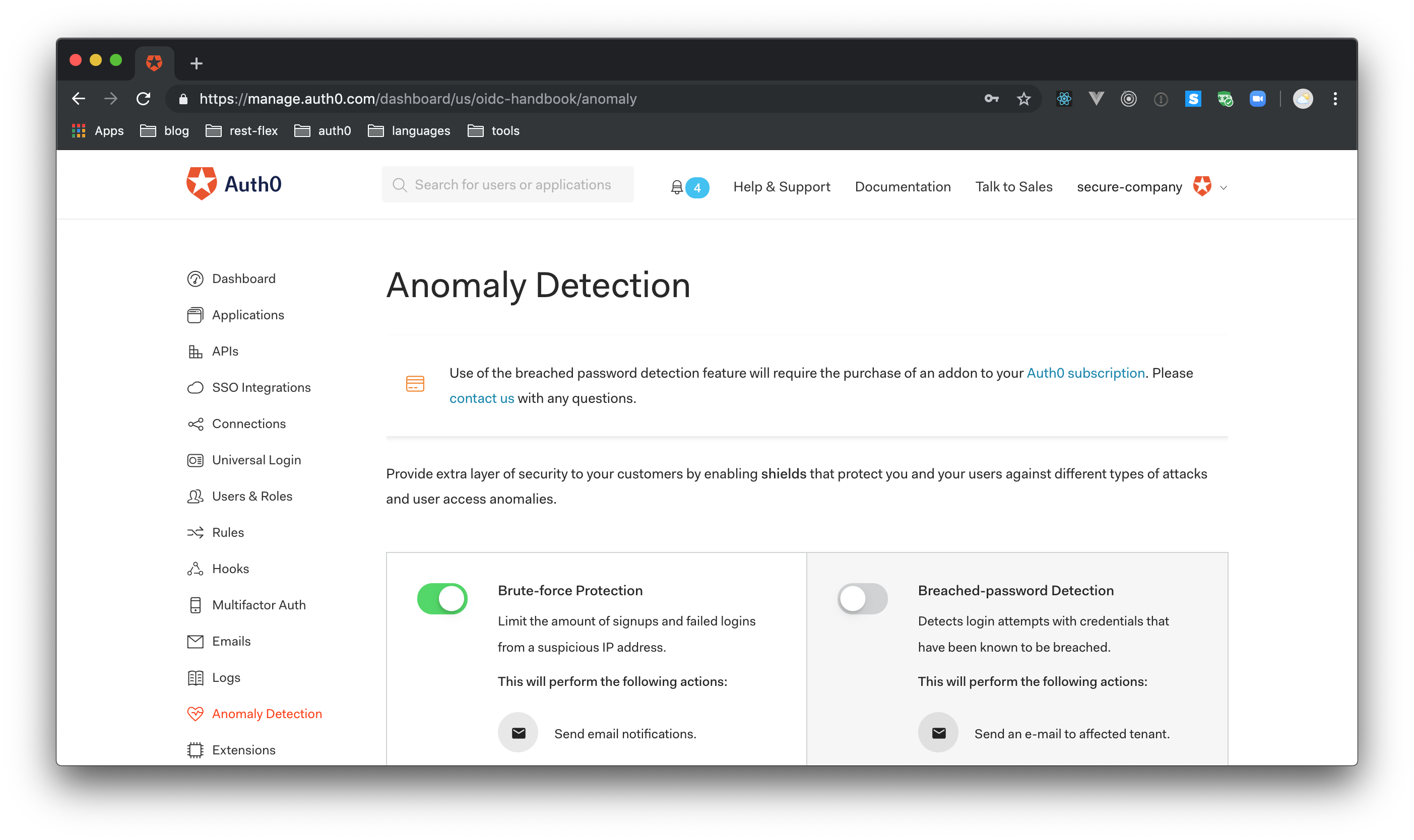 Auth0 Anomaly detection and breached password detection within Dashboard