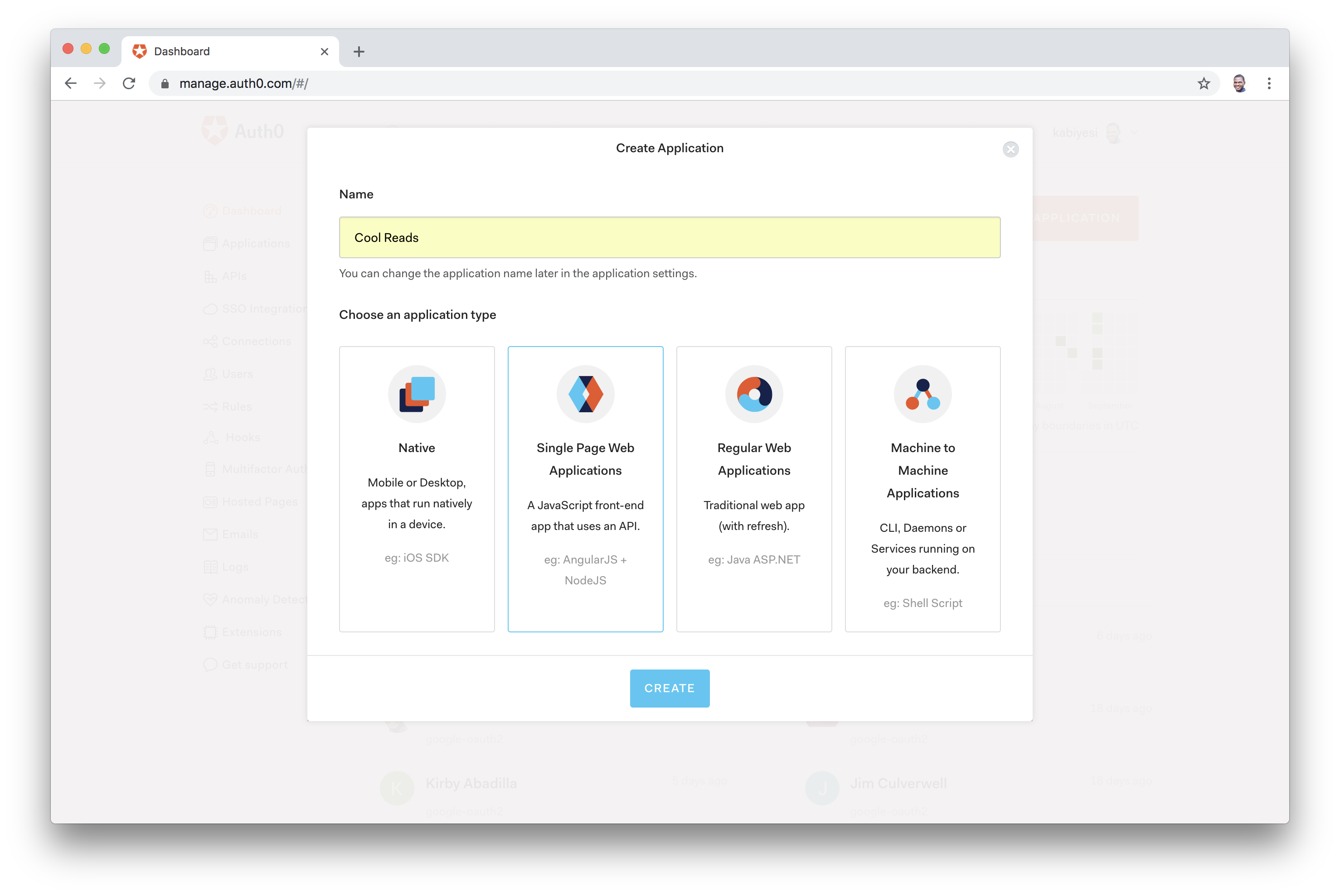 Auth0 Dashboard Select Application