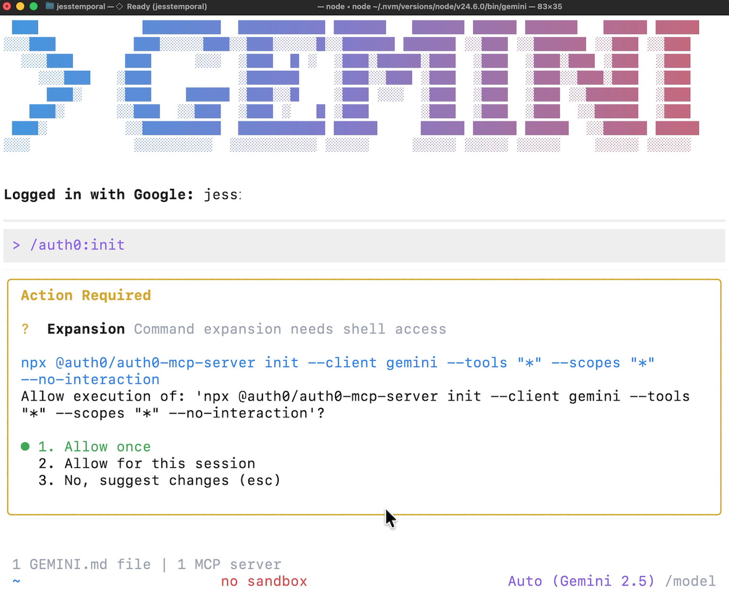 Gemini CLI terminal showing /auth0:init command with permission prompt to allow command execution
