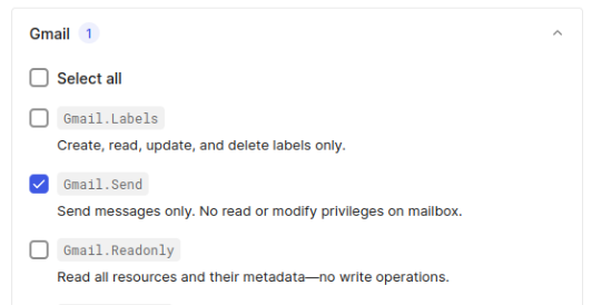  Selecting the "Gmail.Send" permission scope in Auth0, required for the third-party tool calling example