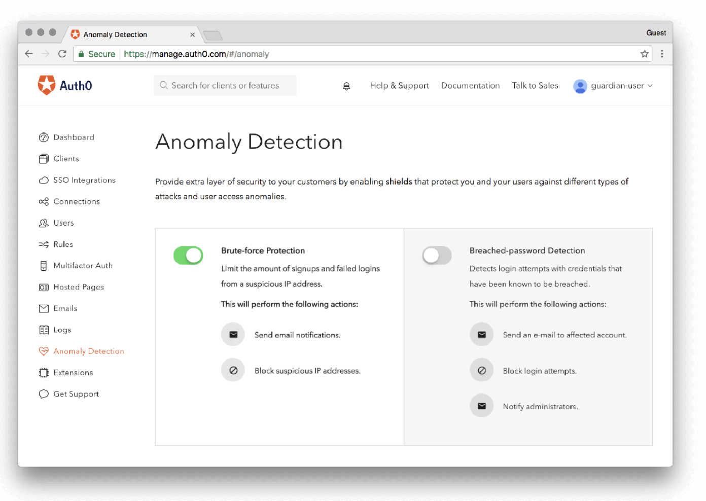Anomaly Detection view on Auth0