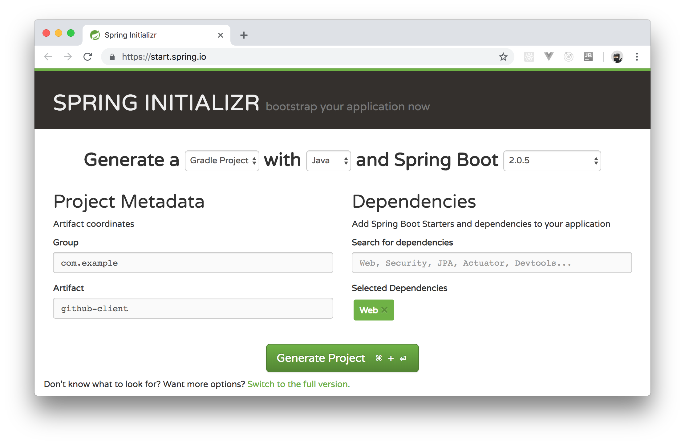 Generating a new JAVA Spring Boot project online