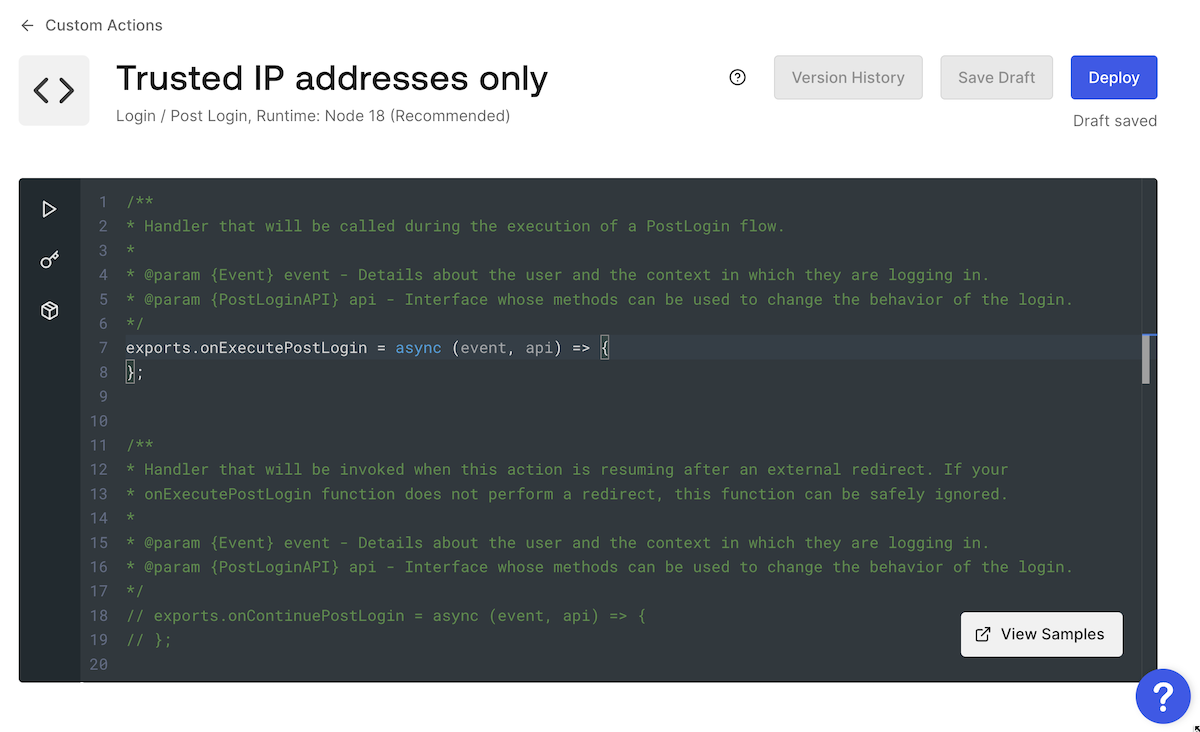 Auth0 Actions code editor displaying the code for the "Trusted IP addresses only" Action.