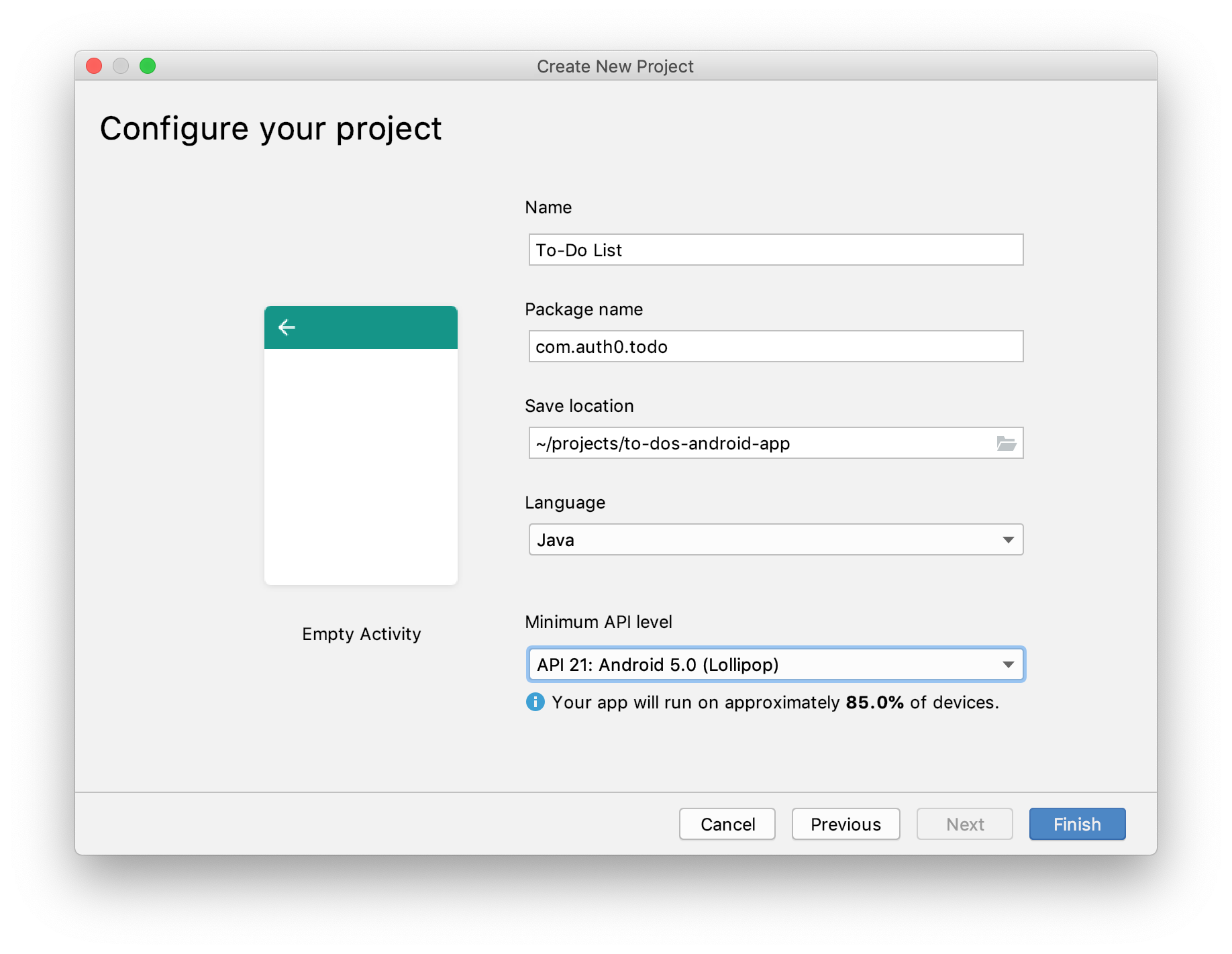 Configure the final settings of your new Android project.