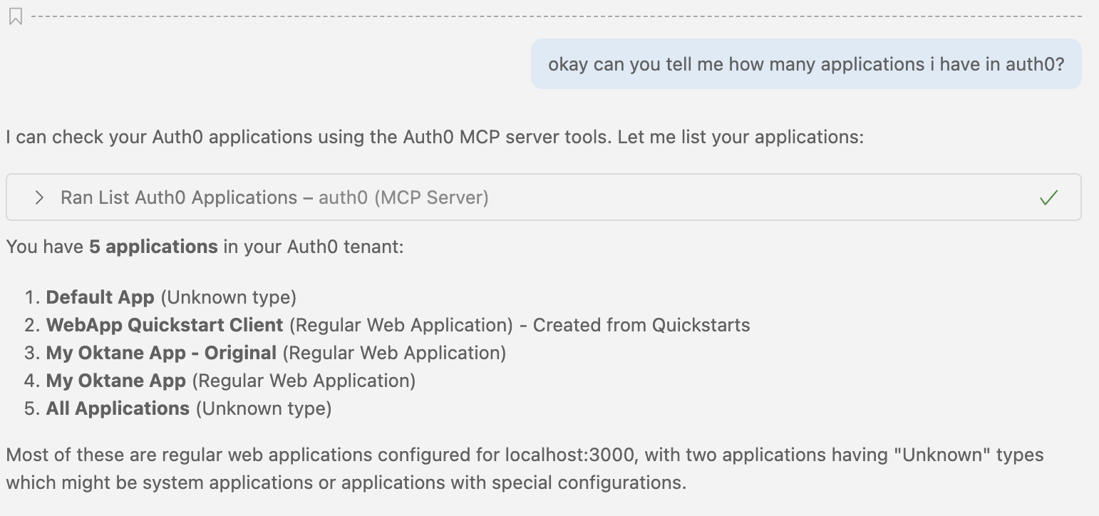 GitHub Copilot Chat in VS Code displaying a list of applications retrieved via the Auth0 MCP Server.