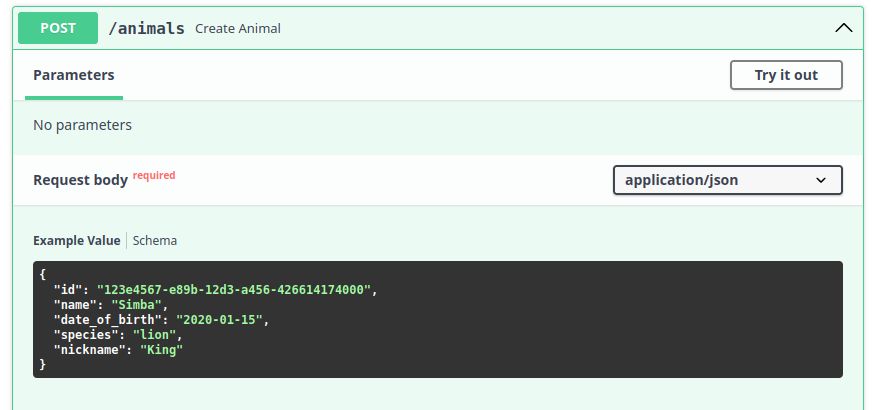 Pydantic model examples displayed in FastAPI Swagger UI