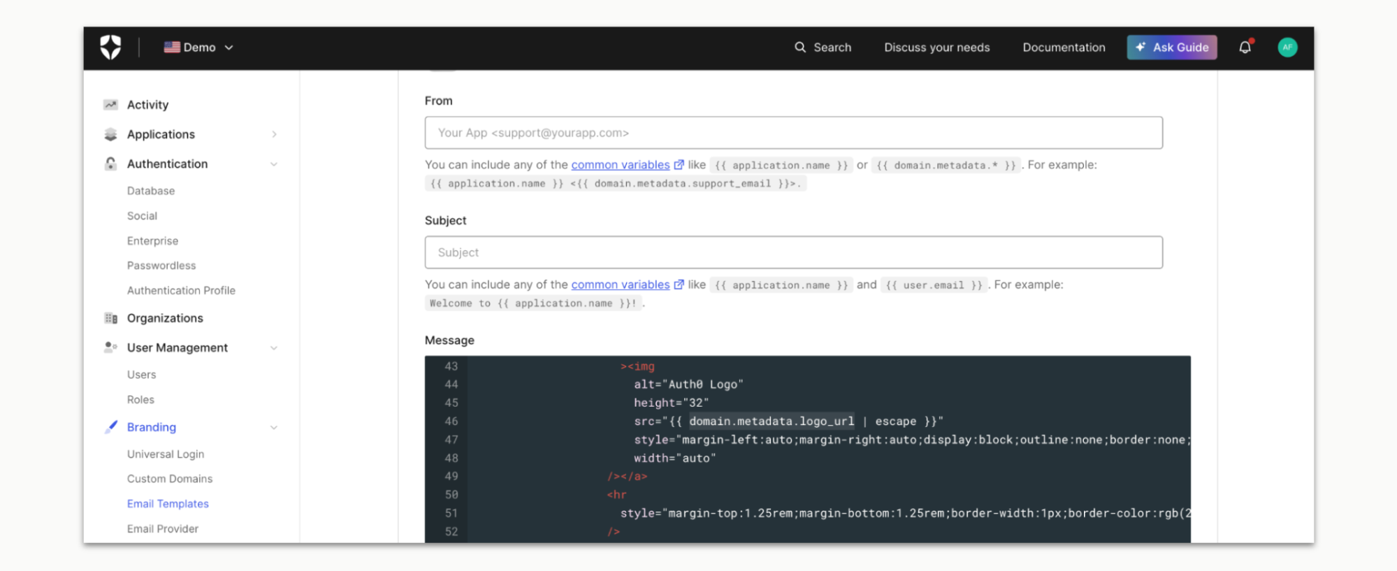 Domains can be added as a common variable to email templates. Users can use the domain to update the template context.
