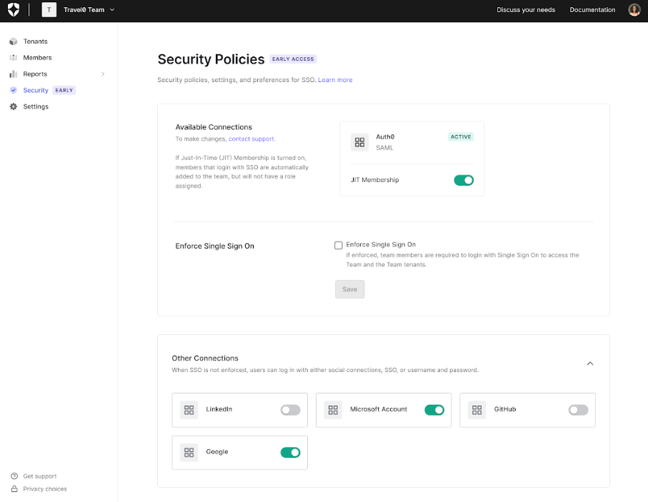 View of security tab- allowing you to access and enable security policies like SSO
