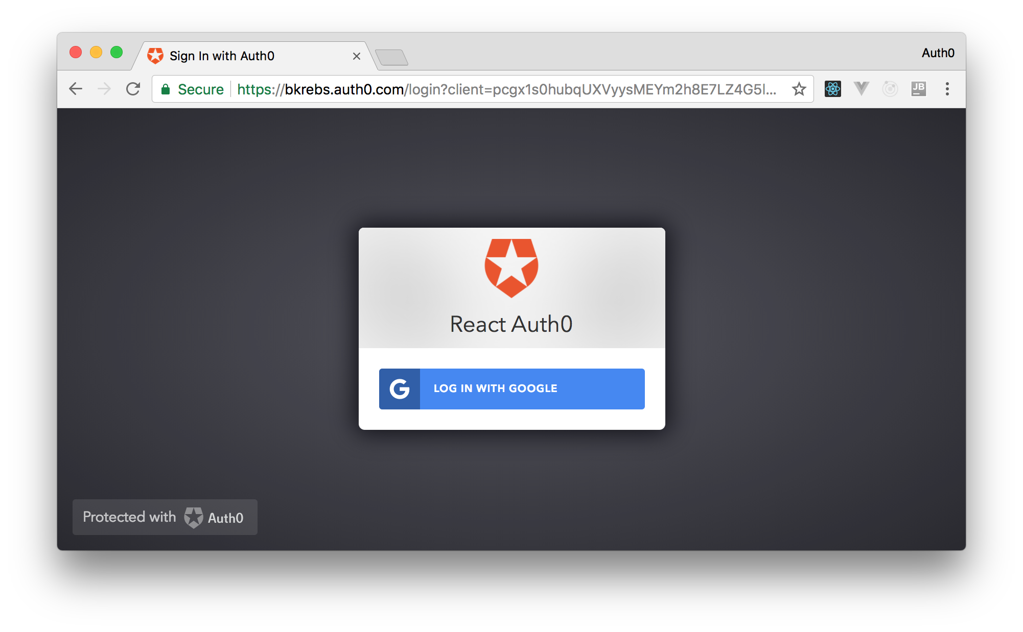 The Auth0 hosted login page for a React app.
