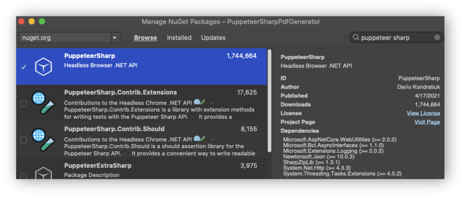 Add PuppeteerSharp NuGet package in Visual Studio for Mac