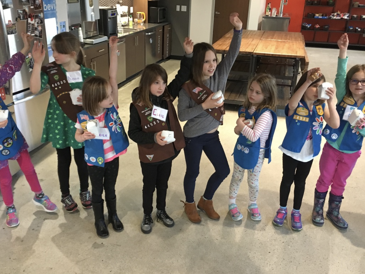 Girl Scouts lined up for the egg drop exercise
