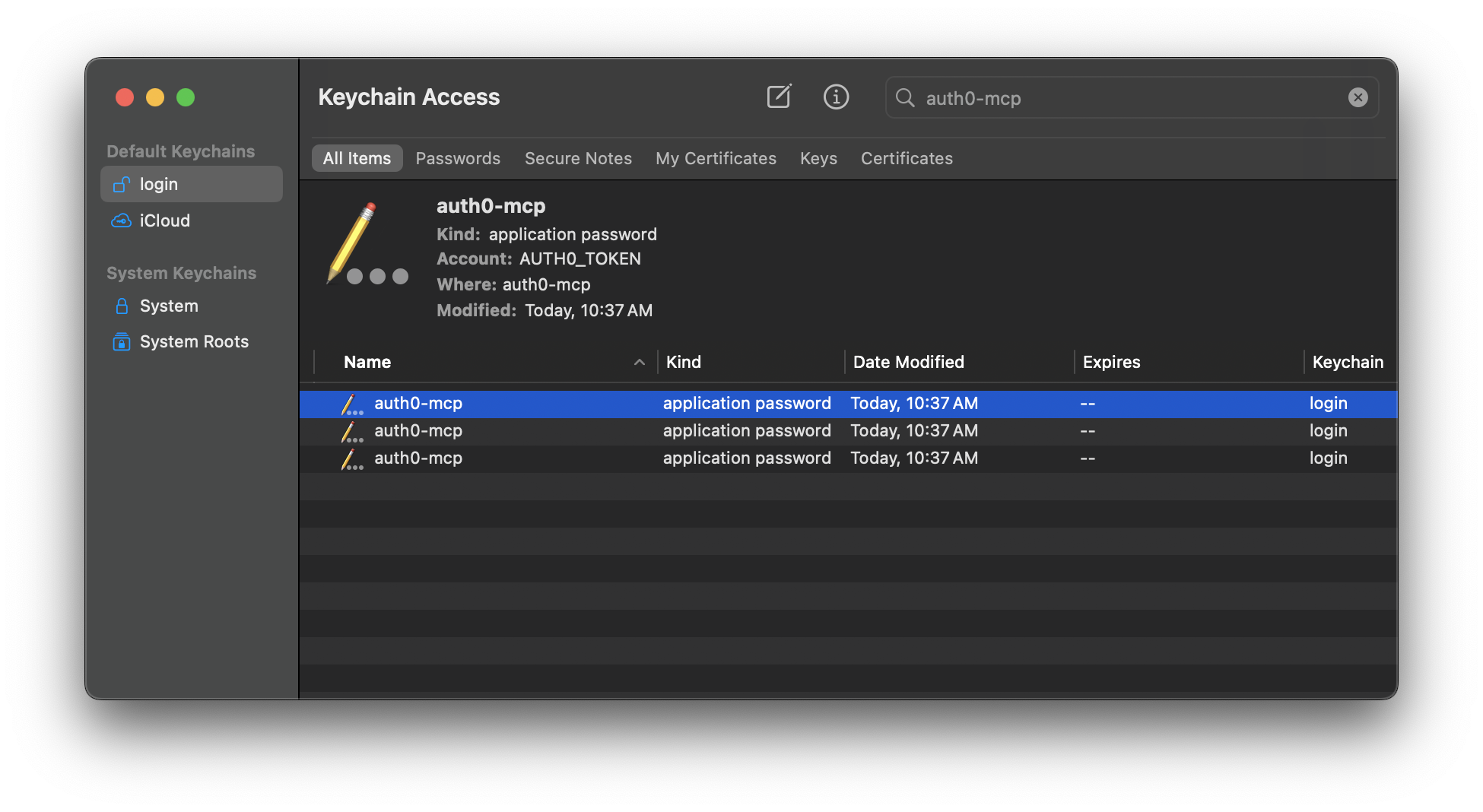 Auth0 access tokens stored in system keychain