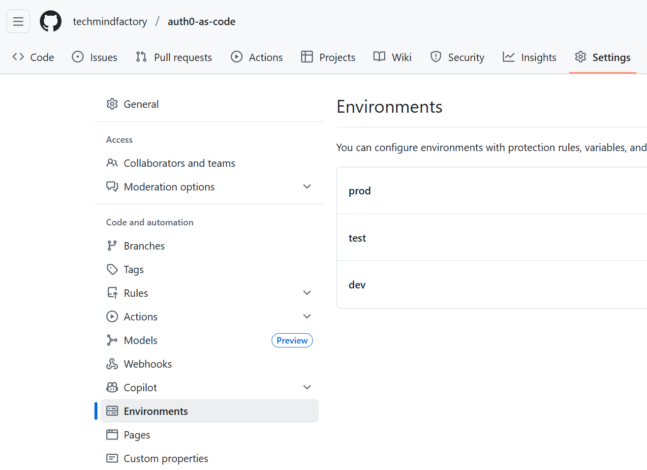 GitHub Settings Environments Section