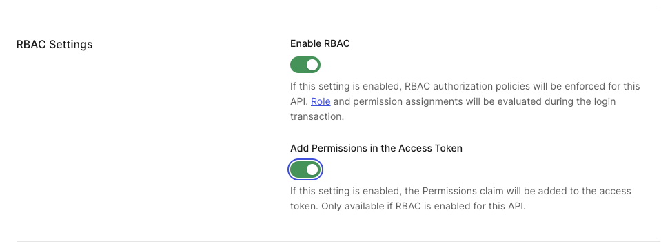 Enabling RBAC and permissions in access tokens in the Auth0 dashboard