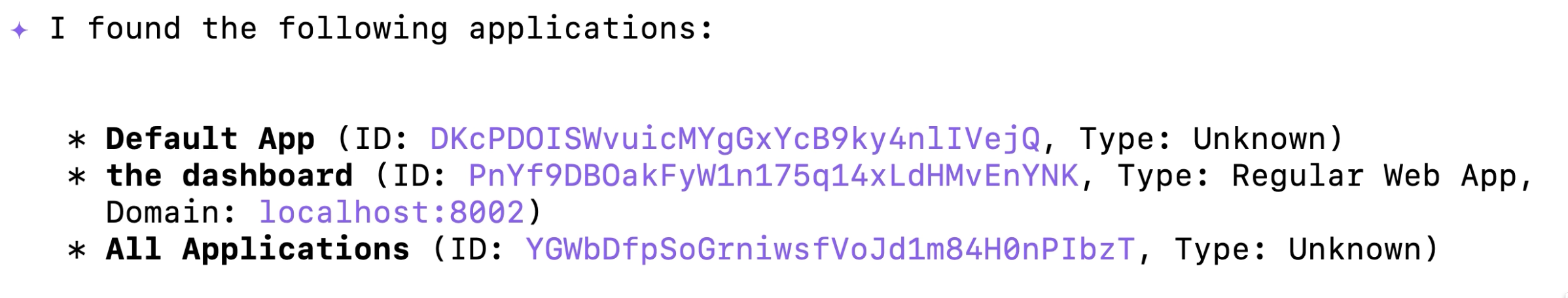 Gemini CLI displaying formatted, human-readable list of Auth0 applications with names, types, and client IDs