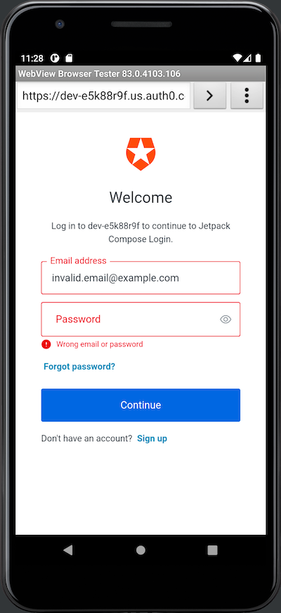 Universal Login displaying the “wrong email or password” message.