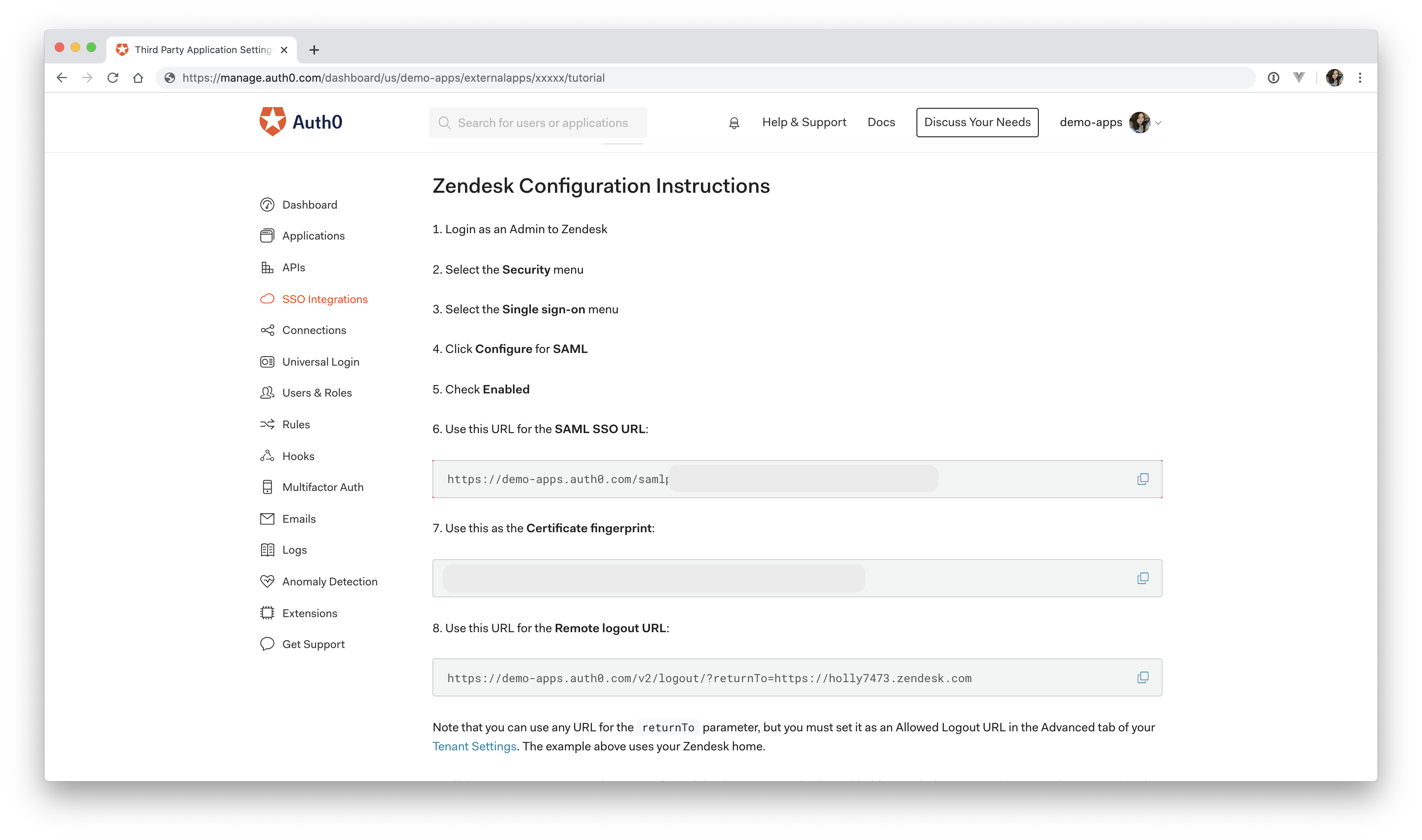 Configuração do tutorial do Zendesk para Auth0