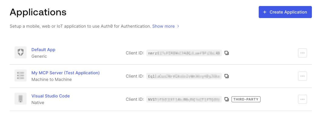 VSCode is automatically registered as a client application on the Auth0 dashboard