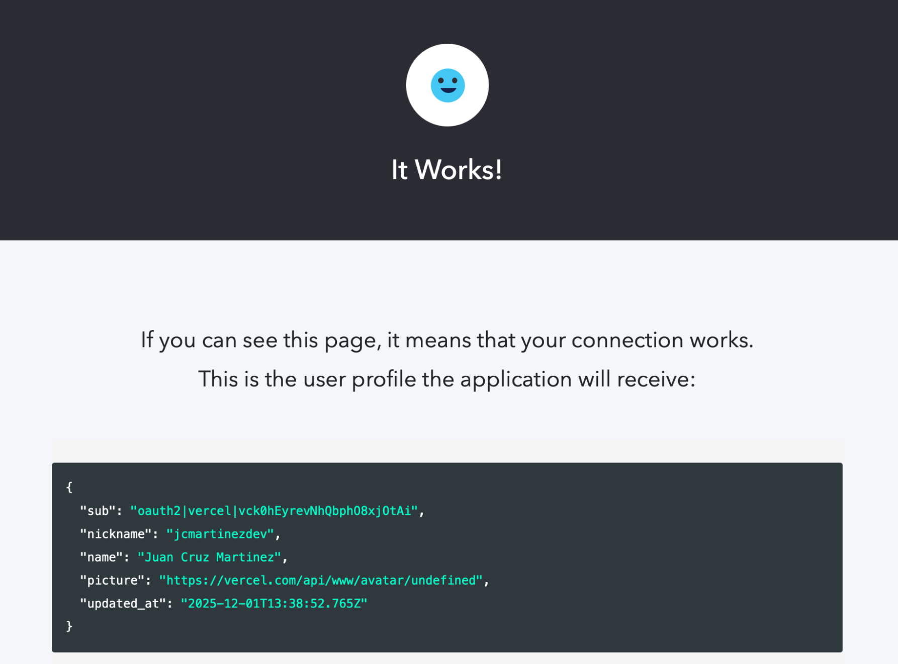 Auth0 Test Confirmation Page