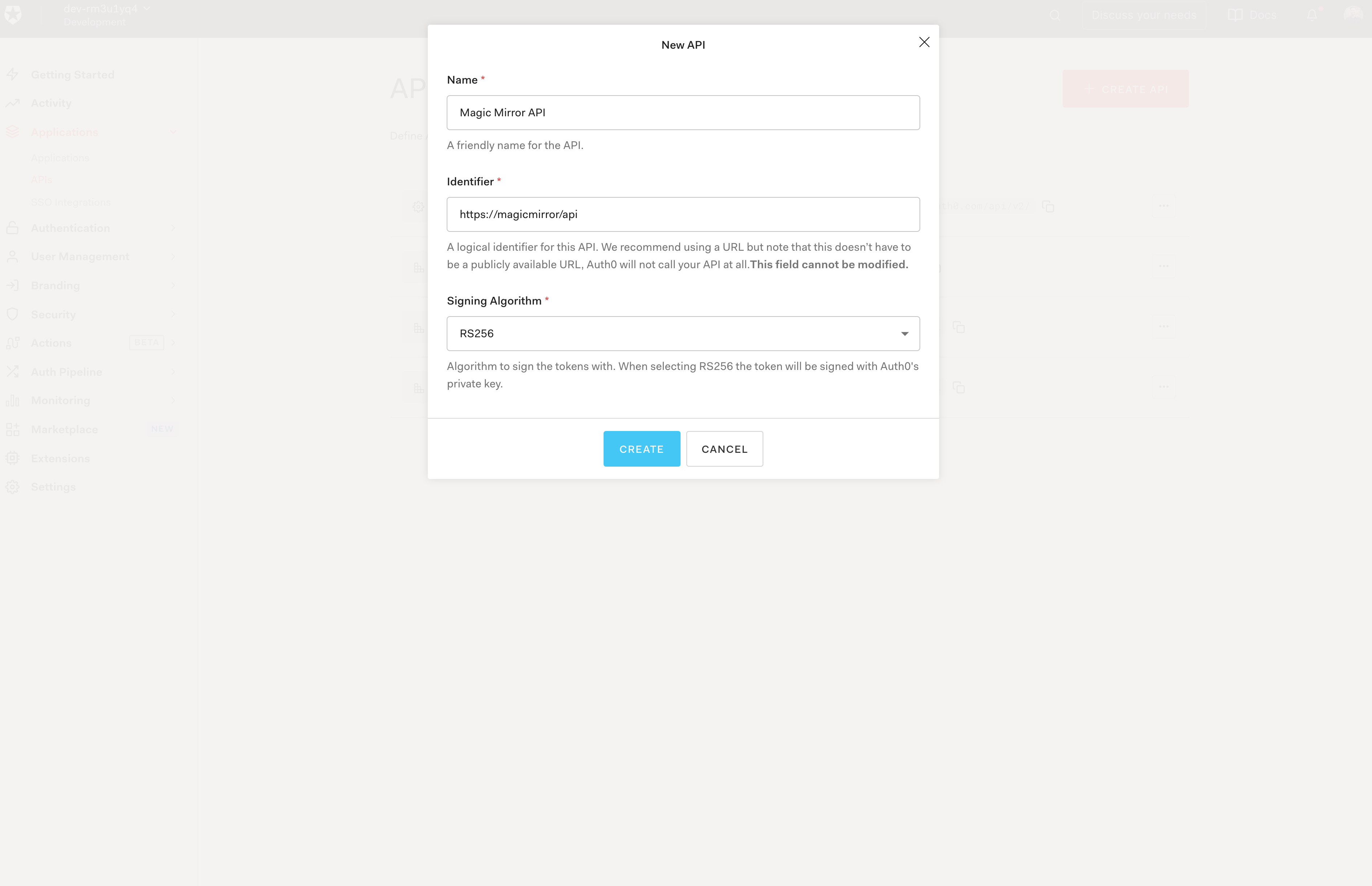 Screenshot of creating new Auth0 API