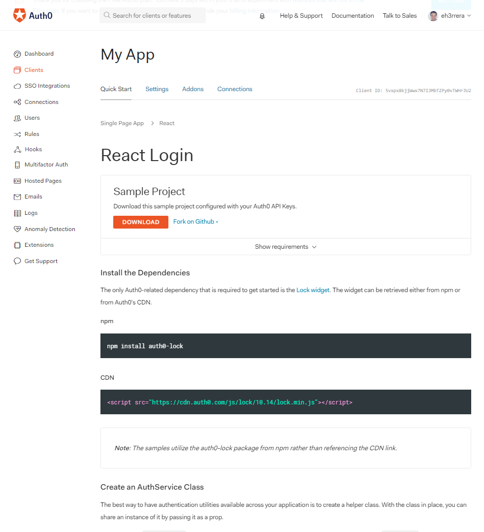 Downloading Auth0 Quickstart