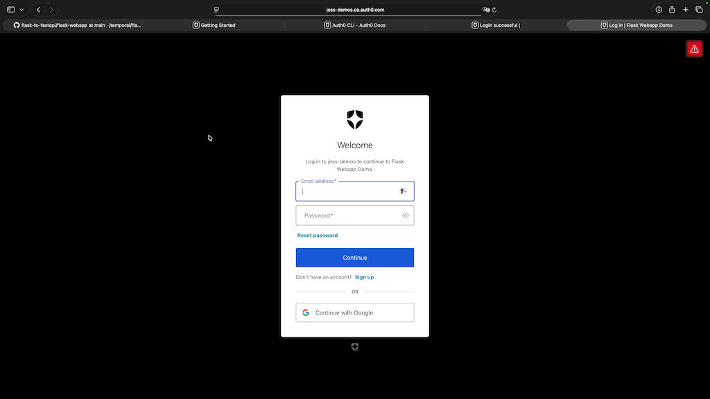 The Auth0 Universal Login screen showing the correct tenant name for the Flask demo
