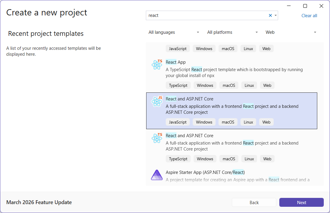 Selecting the React and ASP.NET Core project template in Visual Studio