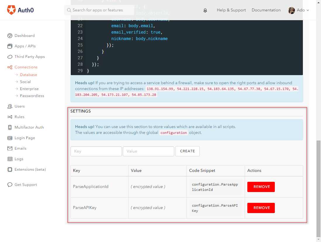 Database Action Scripts Settings