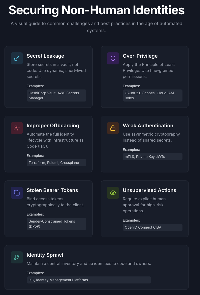 A summary chart showing the top security challenges of non-human identities (secret leakage, over-privileges, improper offboarding, identity sprawl) and the best practices for managing them (centralized vaults, least privilege, strong authentication, and lifecycle automation).